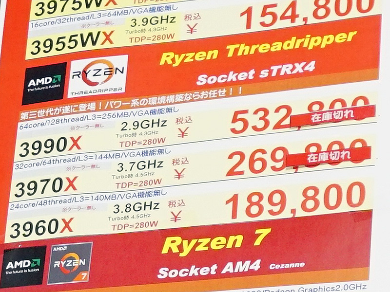 Ryzen Threadripperの在庫が急減、CPU全体の相場は静かな値動き