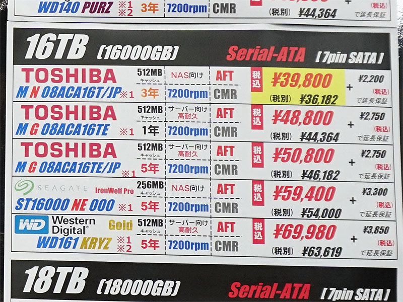 16TB HDDが半年ぶりに4万円割れ、NAS・サーバー向けの大容量HDDが全体的に値下がり - AKIBA PC Hotline!