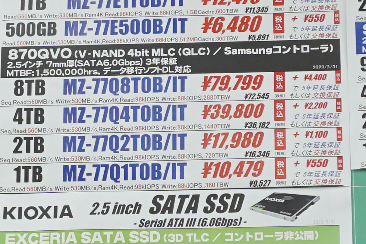 SATA SSD 8TBが1年半ぶりに8万円割れ、NVMe SSDは2～4TBが大幅下落 