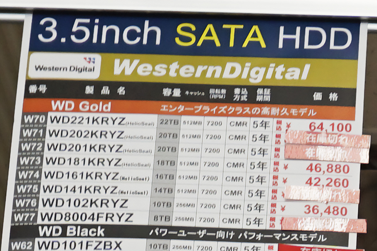 22TB HDDが2万円安の64,100円に、8TB HDDの安値品は12,000円台で