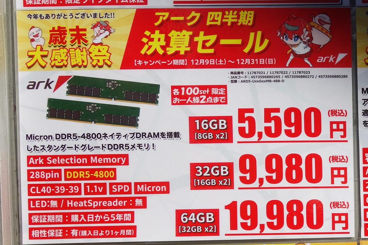 DDR5-4800」32GB×2枚組が6週間ぶりに2万円割れ、DDR5 SO-DIMMも一部で