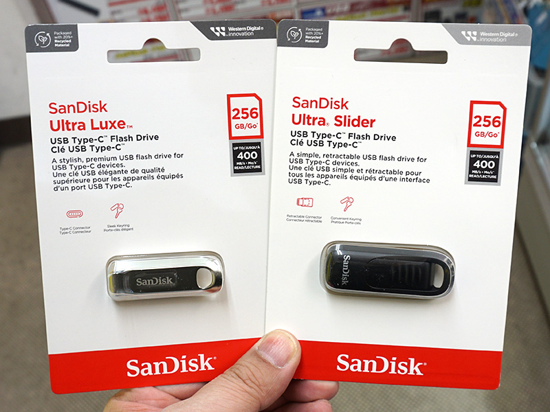 リード最大400MB/sのSanDisk USB Type-Cフラッシュメモリ、スライド