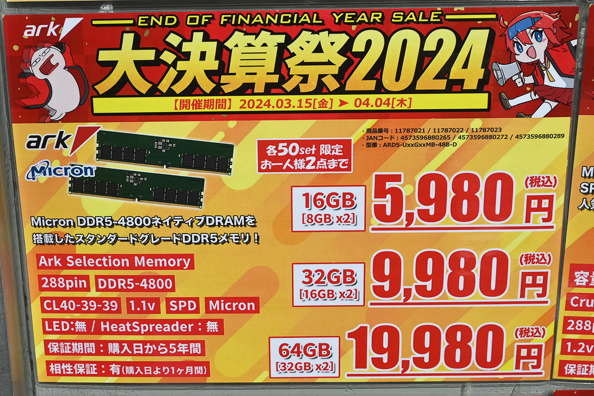 DDR5メモリ32GB×2枚組が6週間ぶりに2万円割れ、DDR4メモリは1.6