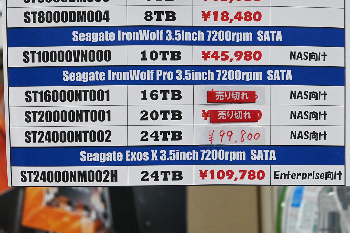 24TB HDDが3ヶ月ぶりに10万円割れ、ビジネス向け大容量品に特価・下落