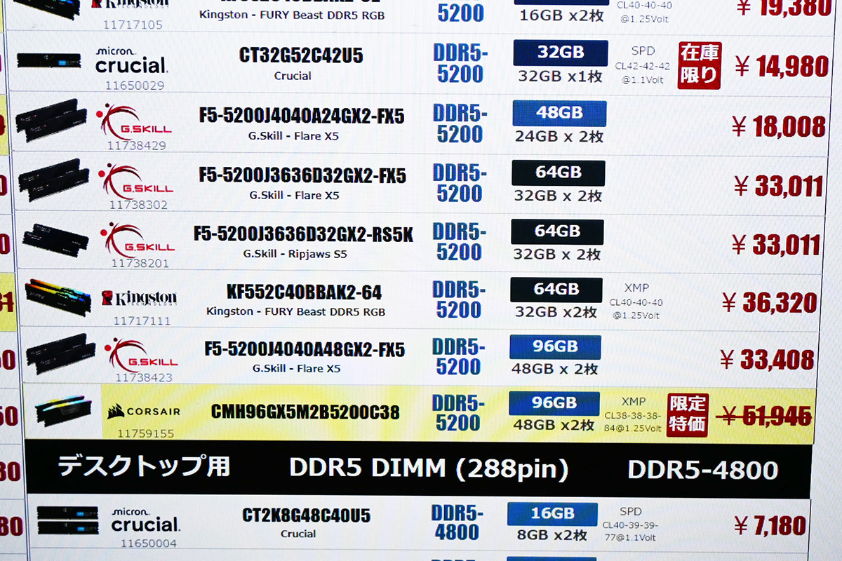 DDR5 48GB×2枚組が過去最安と同額の33,408円、CUDIMMにRGB発光機能搭載