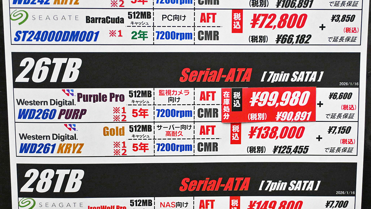 26TB HDDが初の10万円割れ、人気のSeagate「BarraCuda」の24TB HDDは7