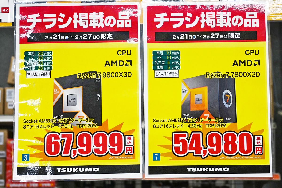 AMD Ryzen 9000シリーズを中心に下落、「Ryzen 7 9800X3D」は20％安の