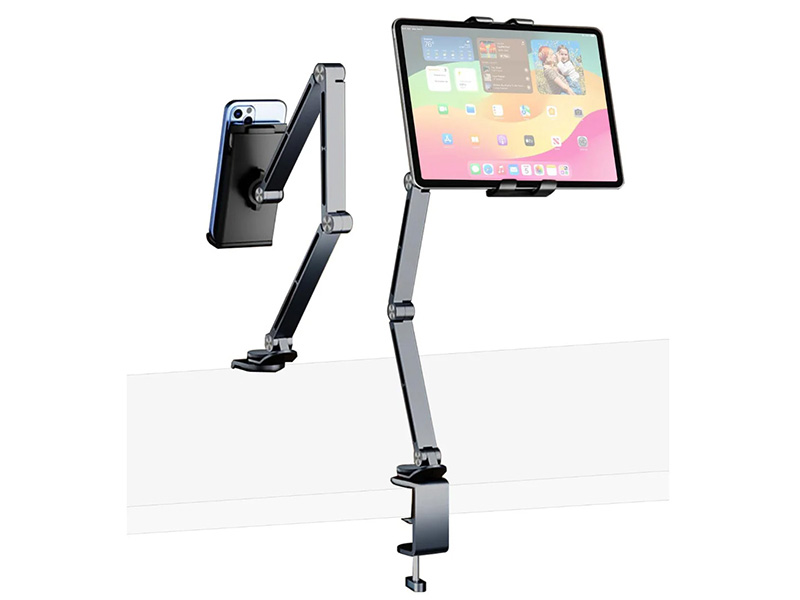 アルミ合金製のアーム型タブレットスタンドにグレーカラーモデル、iPad
