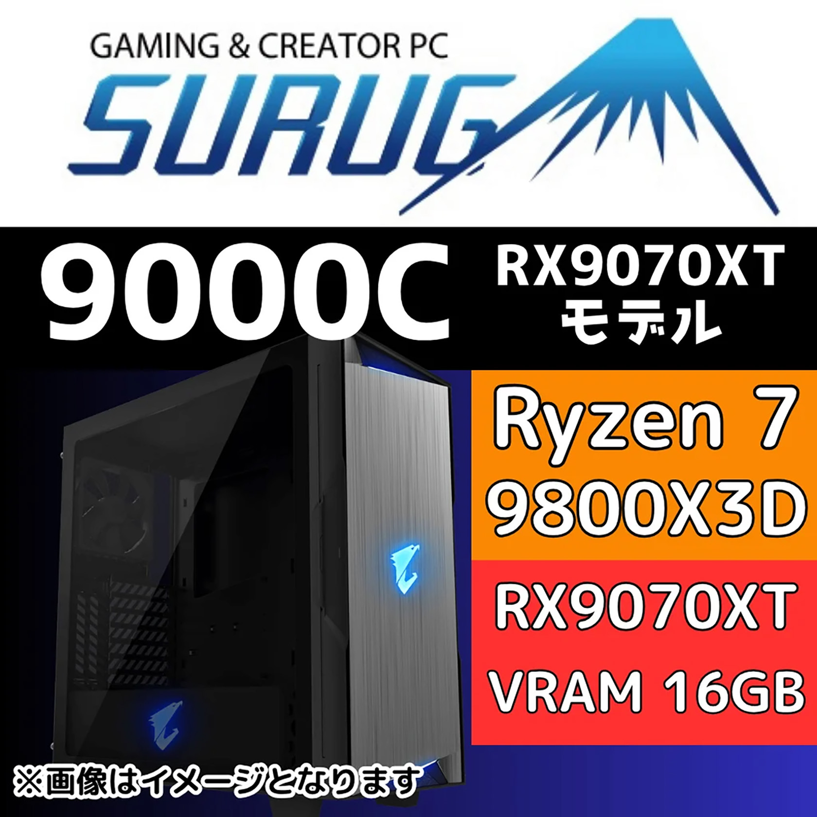 Ryzen 7 9800X3D/Radeon RX 9070 XT 16GB搭載のゲーミングPC「SURUGA 